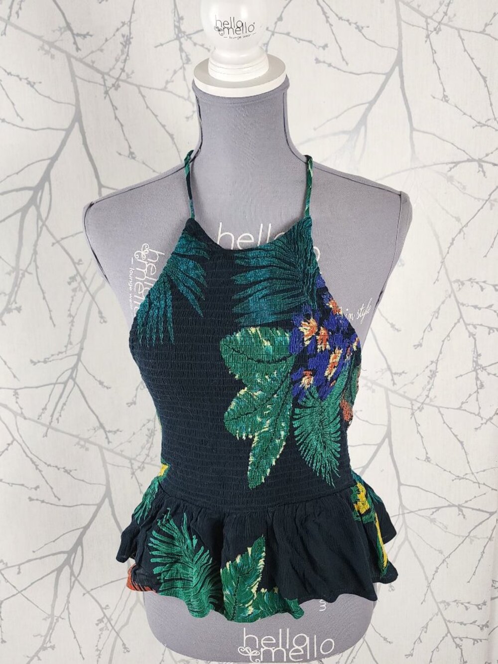 Patrons of Peace Tropical Floral Halter Smocked Peplum Tank